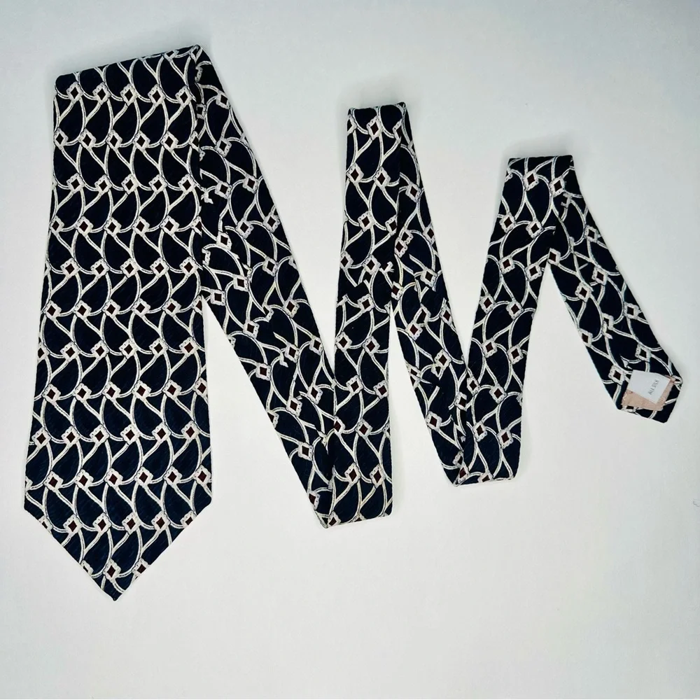 Vintage Pierre Cardin Navy & White Geometric Abstract Silk Designer Tie 4”